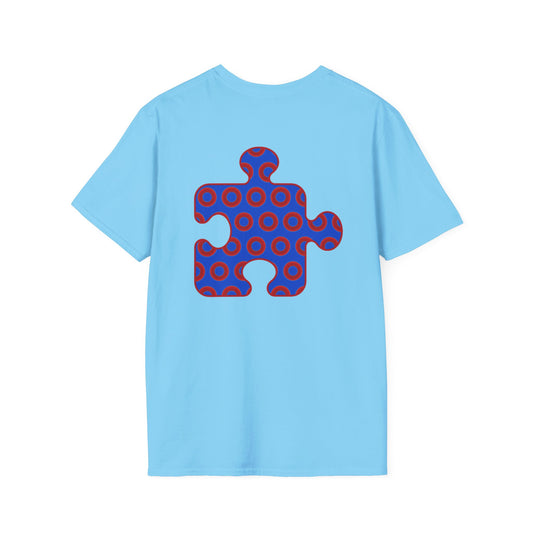 Classic Donut Tee - Unisex Soft-Style - "Trey's Completed Donut Pattern" - vivid red/blue puzzle pattern - variant 2