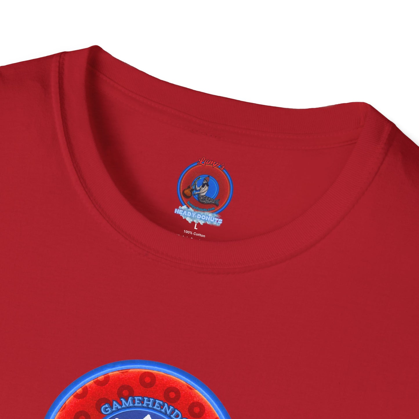 Classic Donut Tee - Unisex Soft-Style - "Phishy Chips" - vivid red/blue widemouthed paradox donut