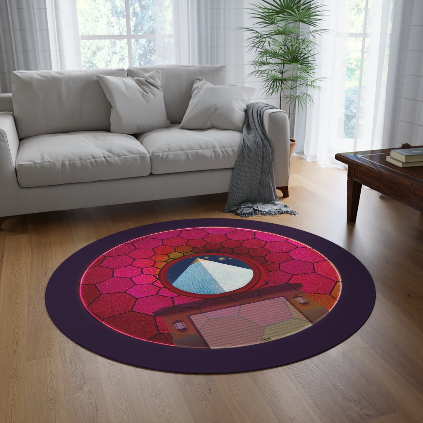 Round Room - 5 ft x 5 ft Lumpy Donut Rug - "Limestone Donut Rug so Large" - magenta hexadonut w/midnight purple background - variant 6