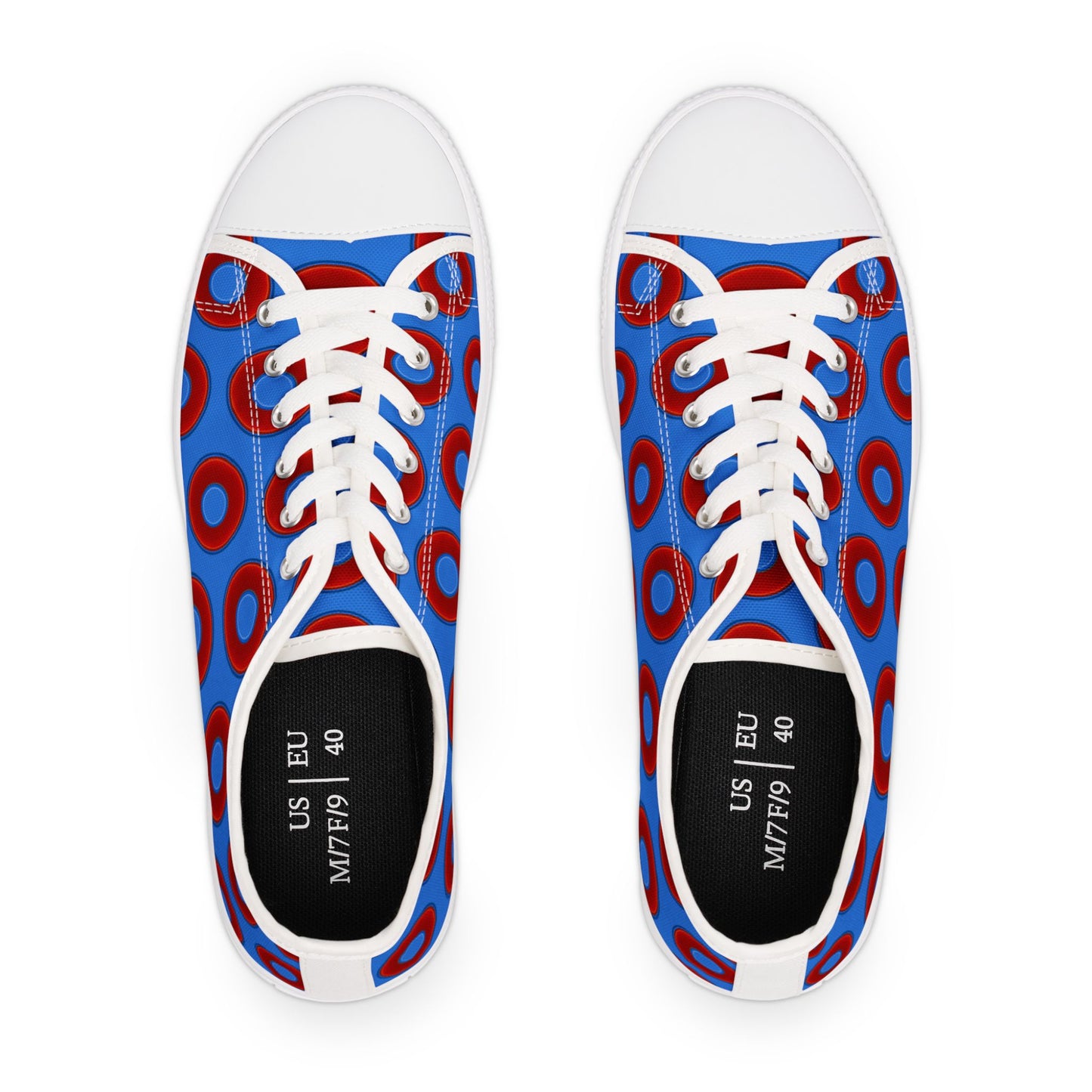 Women's - Low Top Chuck Taylors - large vivid red donut print w/light royal blue background