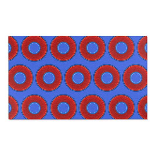 Lumpy Donut Print Rug - choice of 3 sizes - vivid red donut print w/royal blue background