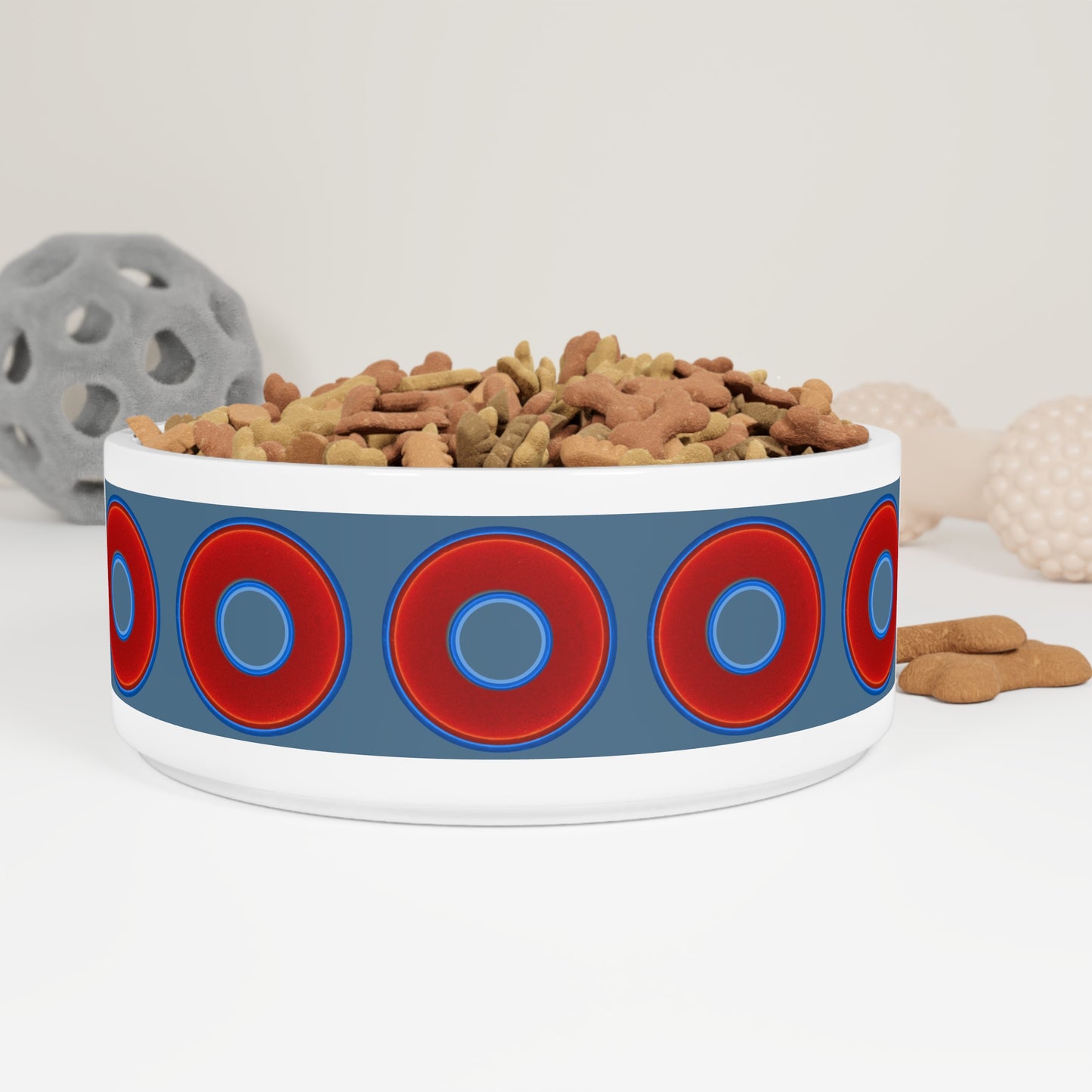 16 oz Lumpy Pet Bowl - vivid red donuts w/steel blue background
