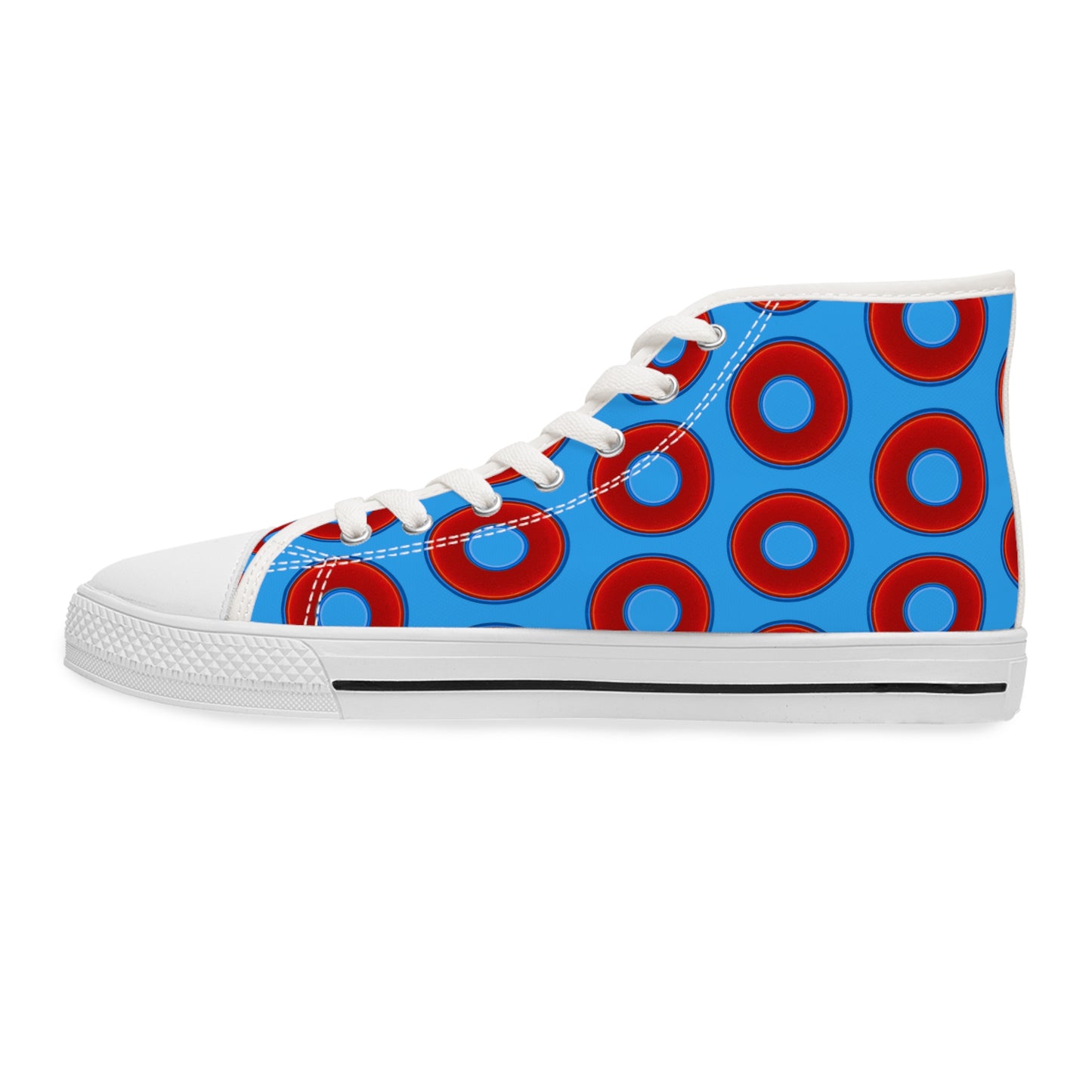 Women's High Top Chuck Taylors - large vivid red donut print w/sky royal blue background