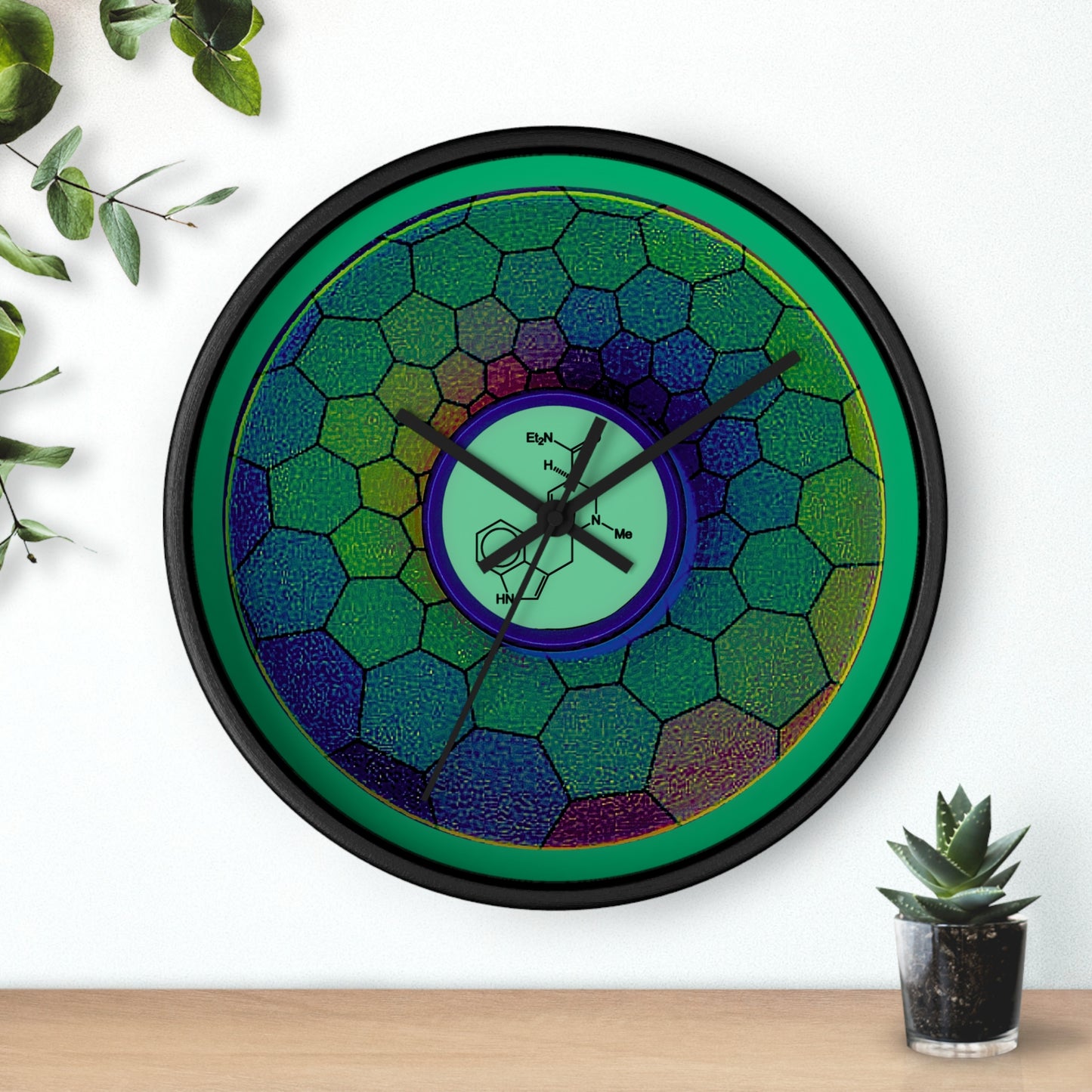 Lumpy Wall Clock - "Dr. Albert Hofmann's Donut" - variant 3 - green hexadonut w/jade green background