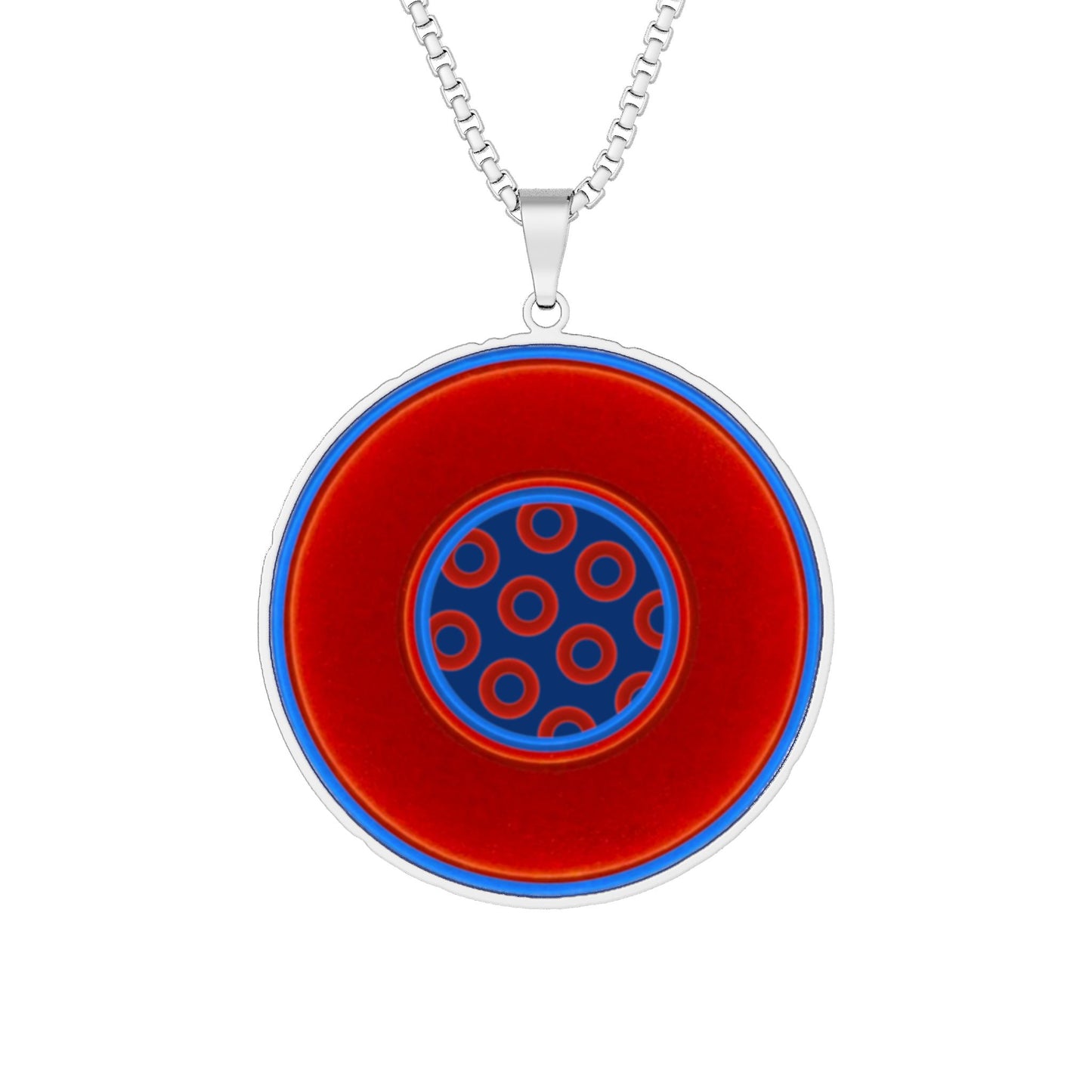 Lump's Heady Donut Necklace - 1" x 1" Stainless Steel Pendant - "Plain Vivid Donut w/Donut Print Background" - navy blue pattern & vivid red/blue donut - variant 2