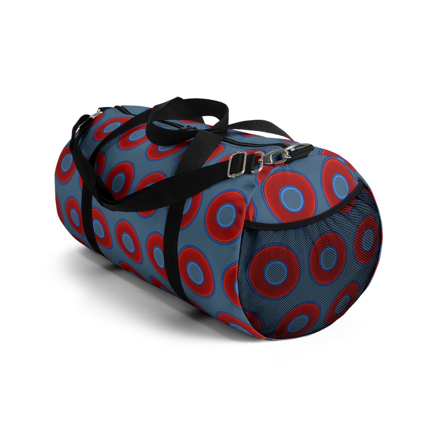 Lumpy Duffel - vivid red donuts w/steel blue background