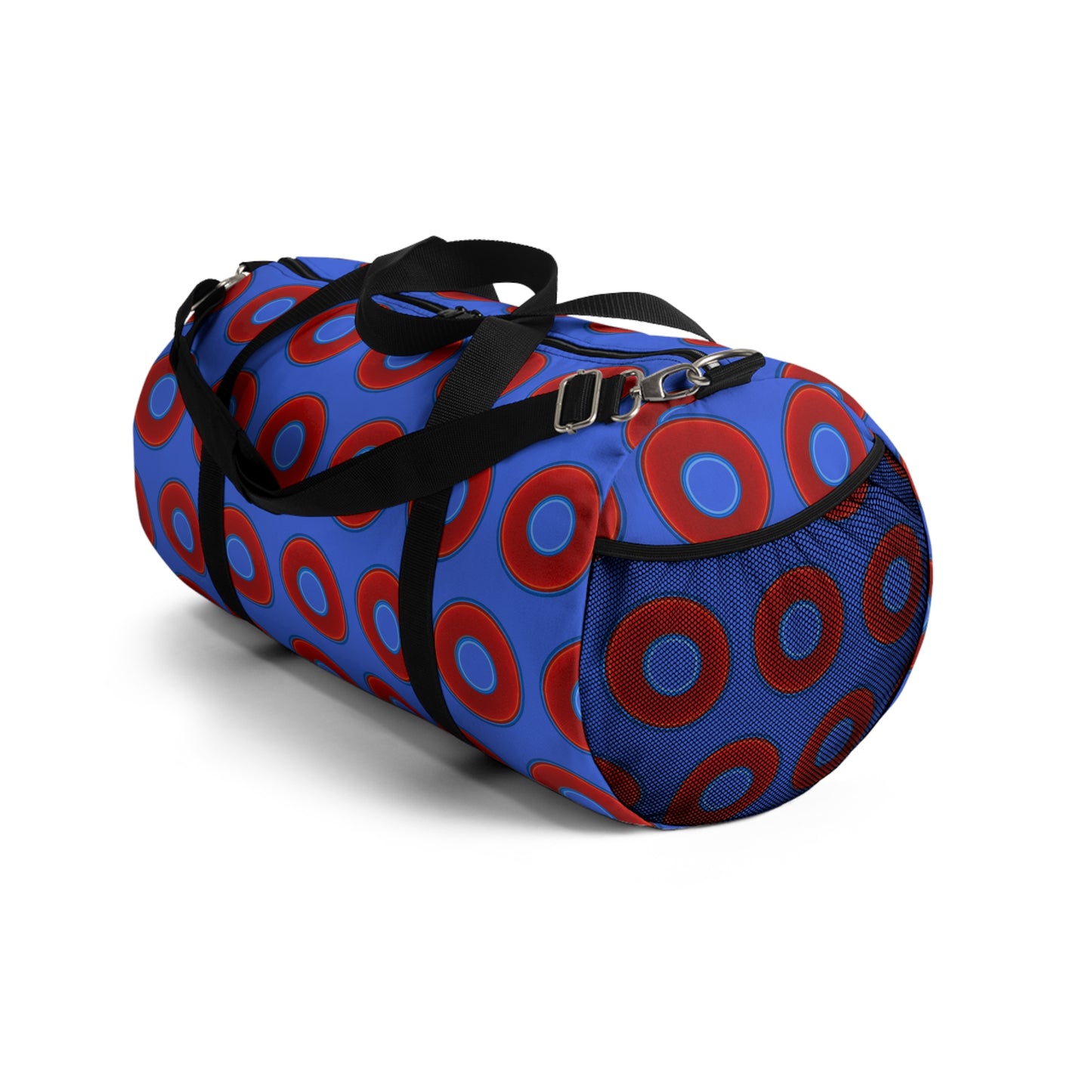 Lumpy Duffel - vivid red donuts w/royal blue background