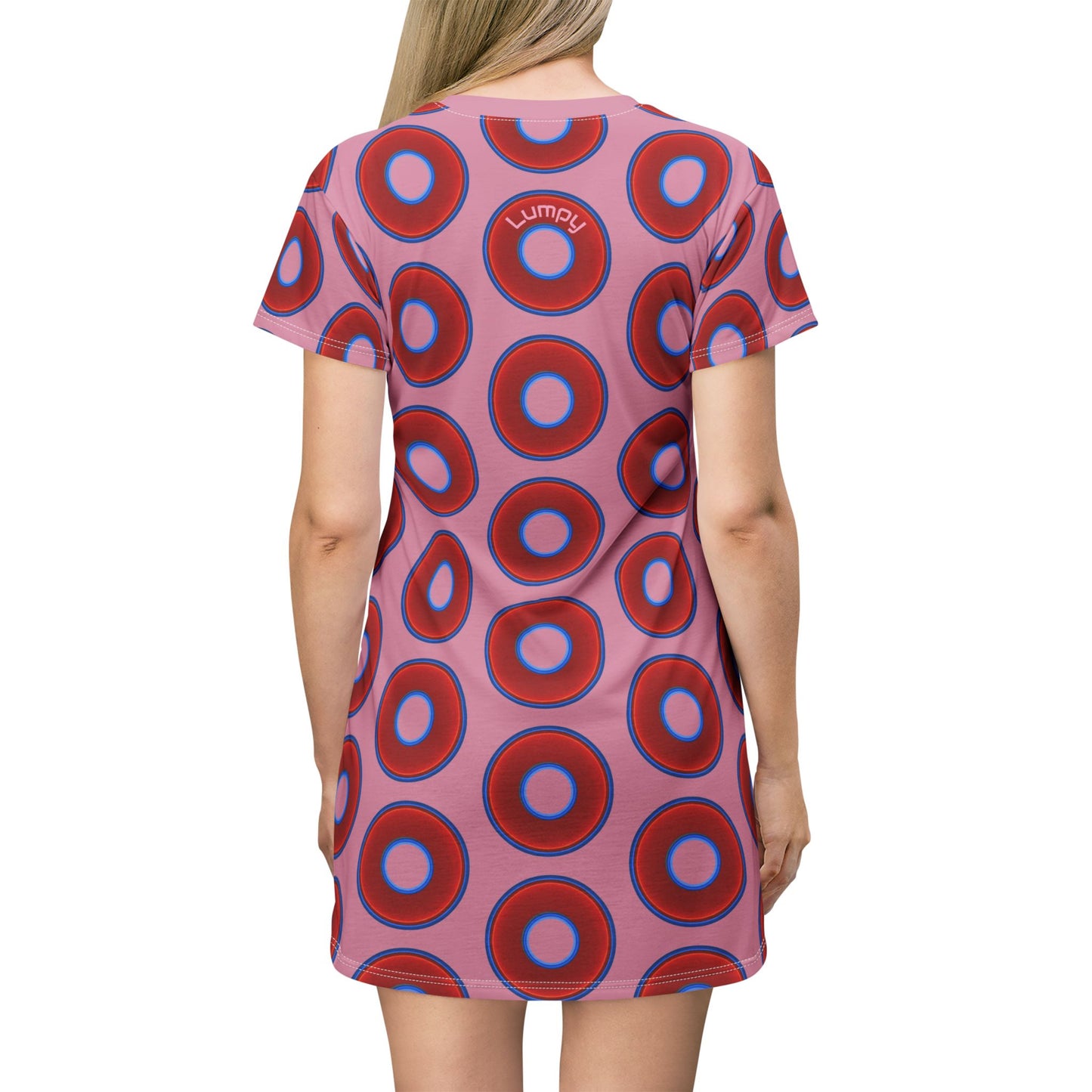 Not a Muumuu AOP Tee Shirt Dress - red vivid donuts w/pale magenta background