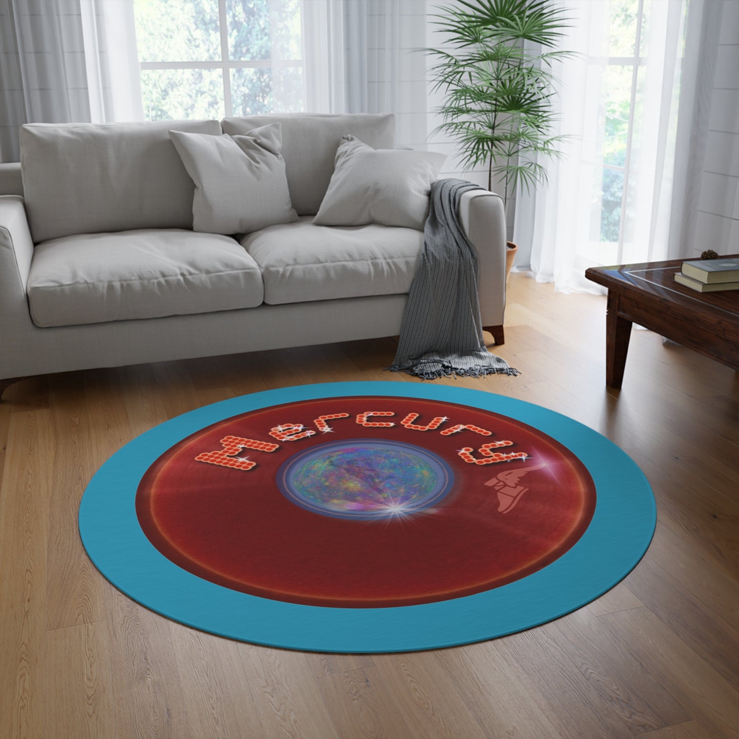 Round Room - 5 ft x 5 ft Lumpy Donut Rug - "Donut Rug of the Gods" - vivid red donut w/turquoise background - variant 2