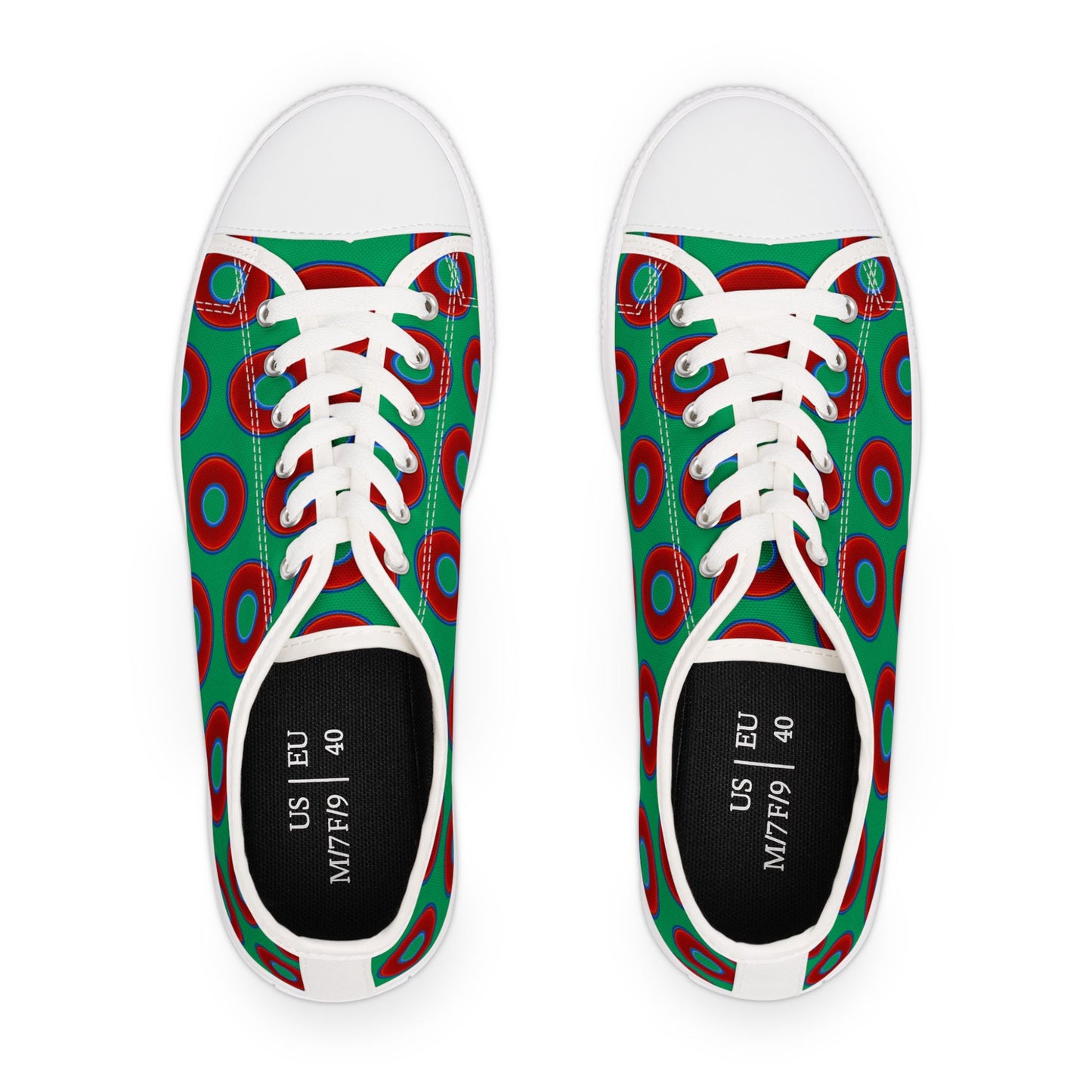 Women's - Low Top Chuck Taylors - large vivid red donut print w/jade green background