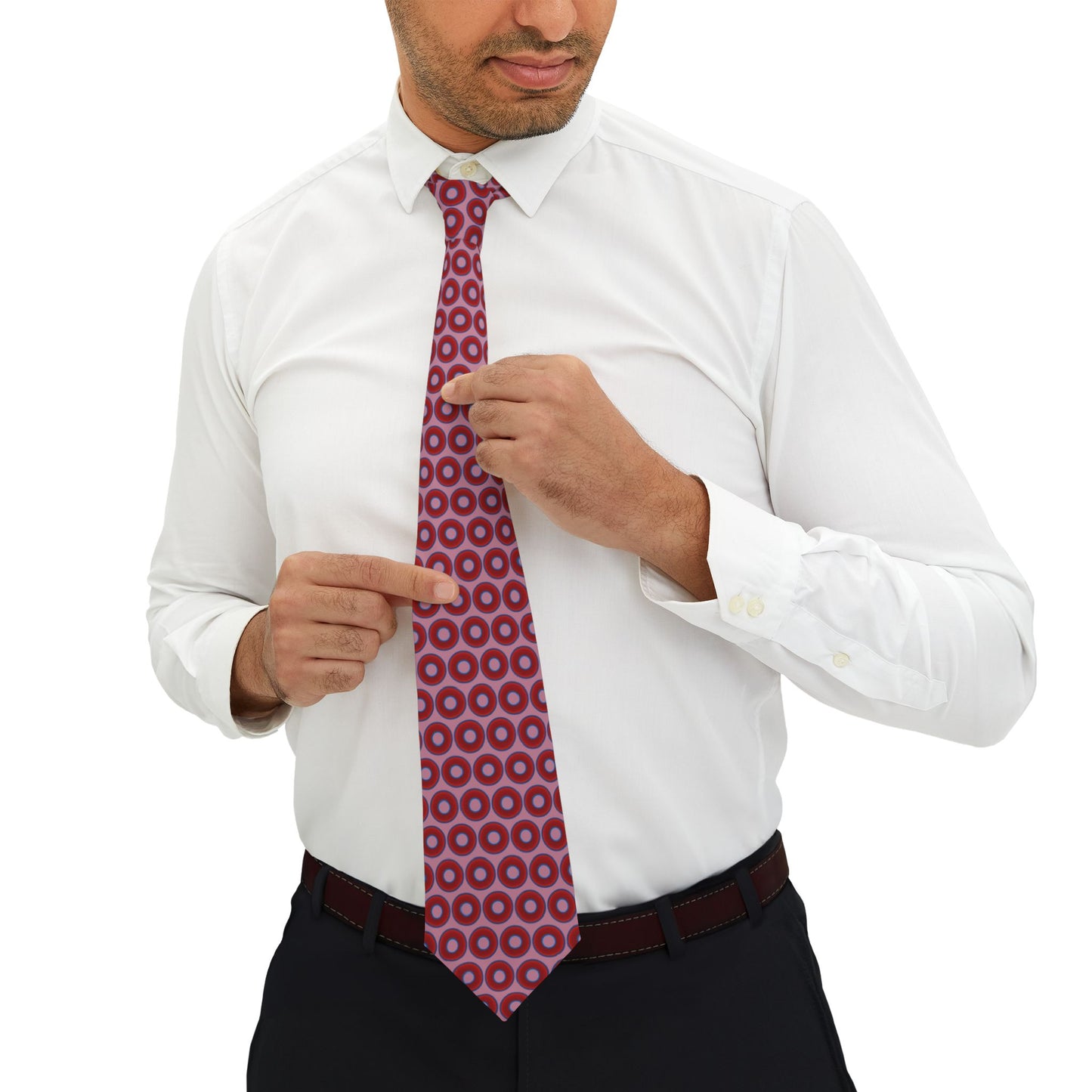 The Lumpy Necktie - vivid red donut print w/pale magenta background