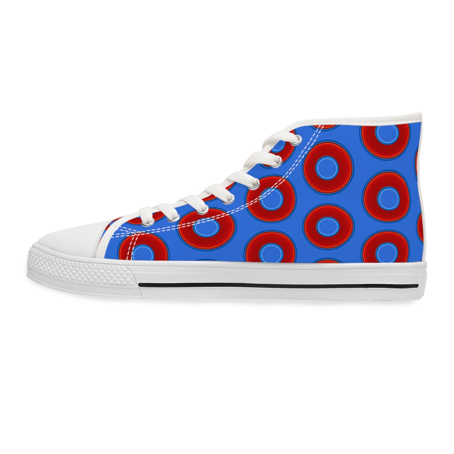 Women's High Top Chuck Taylors - large vivid red donut print w/medium royal blue background