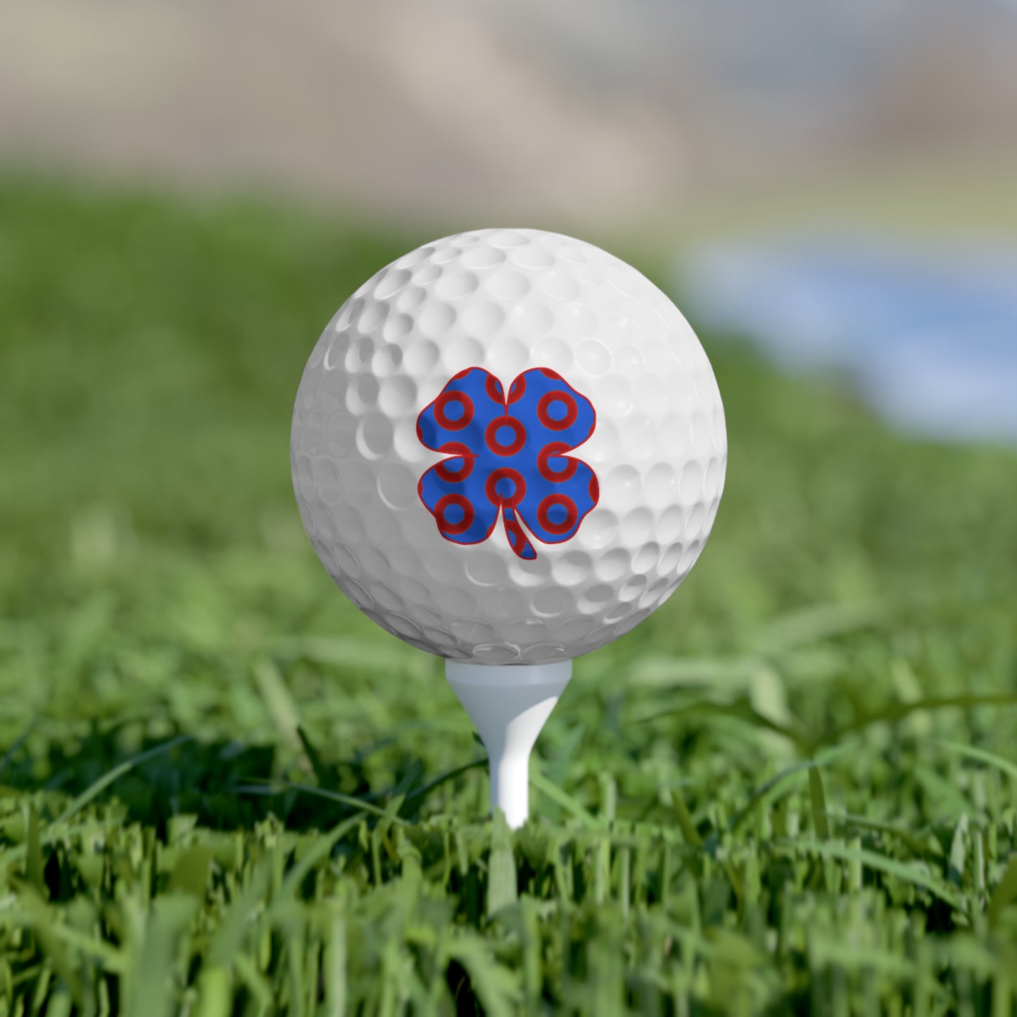 Lumpy Donut Golf Balls - 6-pack - "Patron Saint of Golf Balls" - vivid red/blue donut pattern - w/4-leaf clover - variant 4