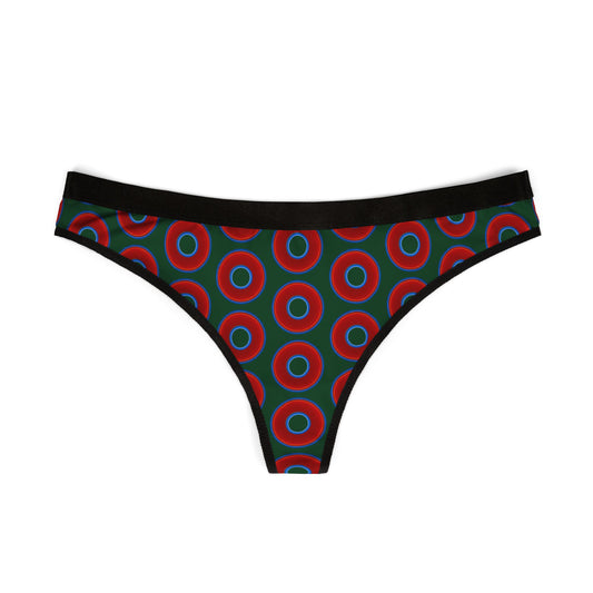 Lumpy Donut Thongs - red vivid donut print w/deep pond green background