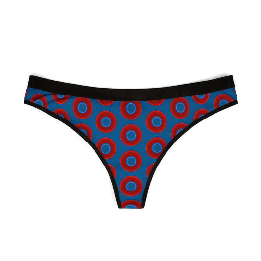 Lumpy Donut Thongs - red vivid donut print w/wavy navy blue background