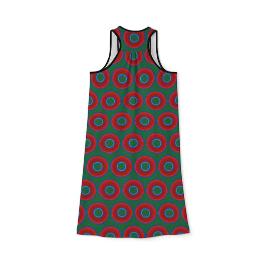Tela's Lumpy Racerback Donut Dress - red vivid donut print w/green background
