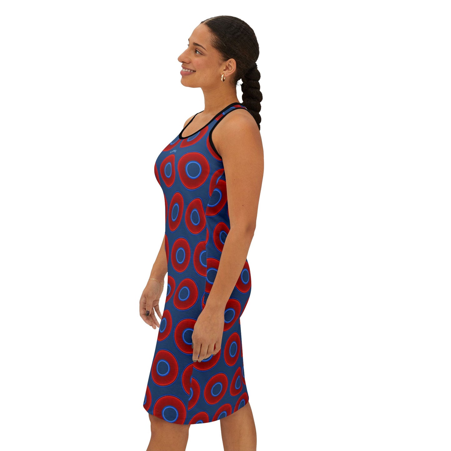 Tela's Lumpy Racerback Donut Dress - red vivid donut print w/light navy blue background