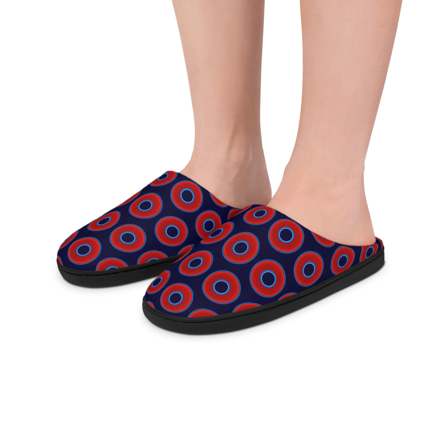Women's Lumpy Slippers - red vivid donut print w/midnight blue background