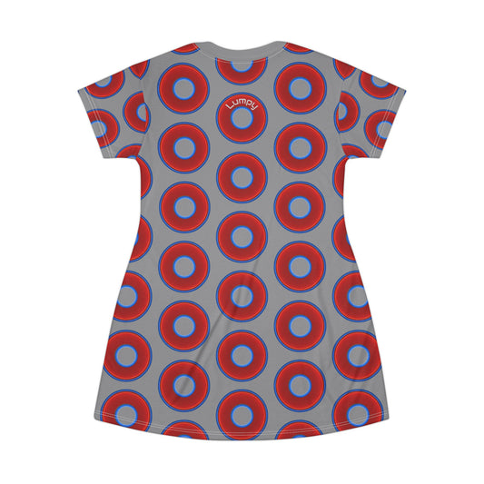 Not a Muumuu AOP Tee Shirt Dress - red vivid donuts w/light gray background