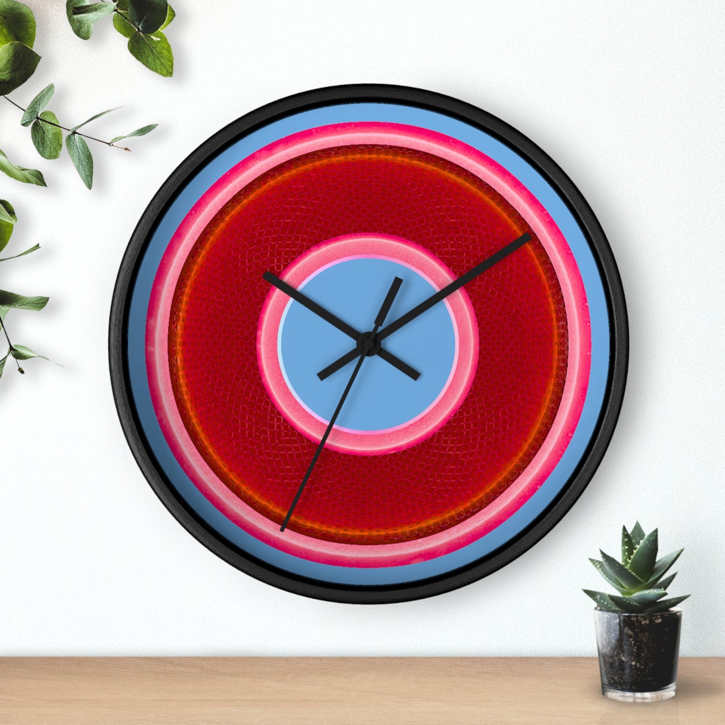 Lumpy Wall Clock - red rustic donut w/pink edging - variant 5 w/light blue background