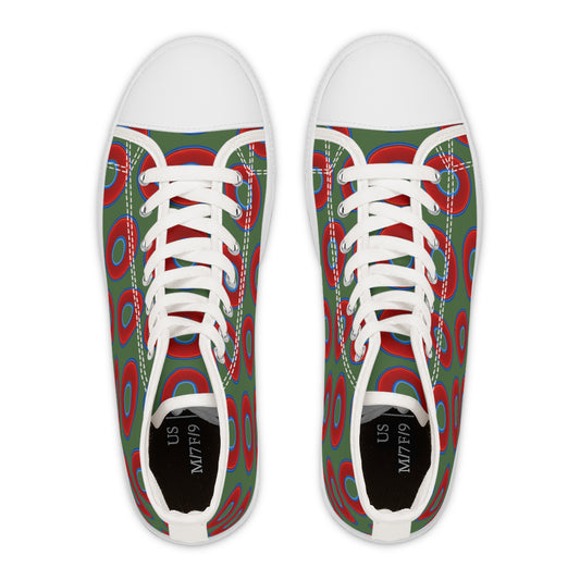 Women's High Top Chuck Taylors - large vivid red donut print w/dark green background