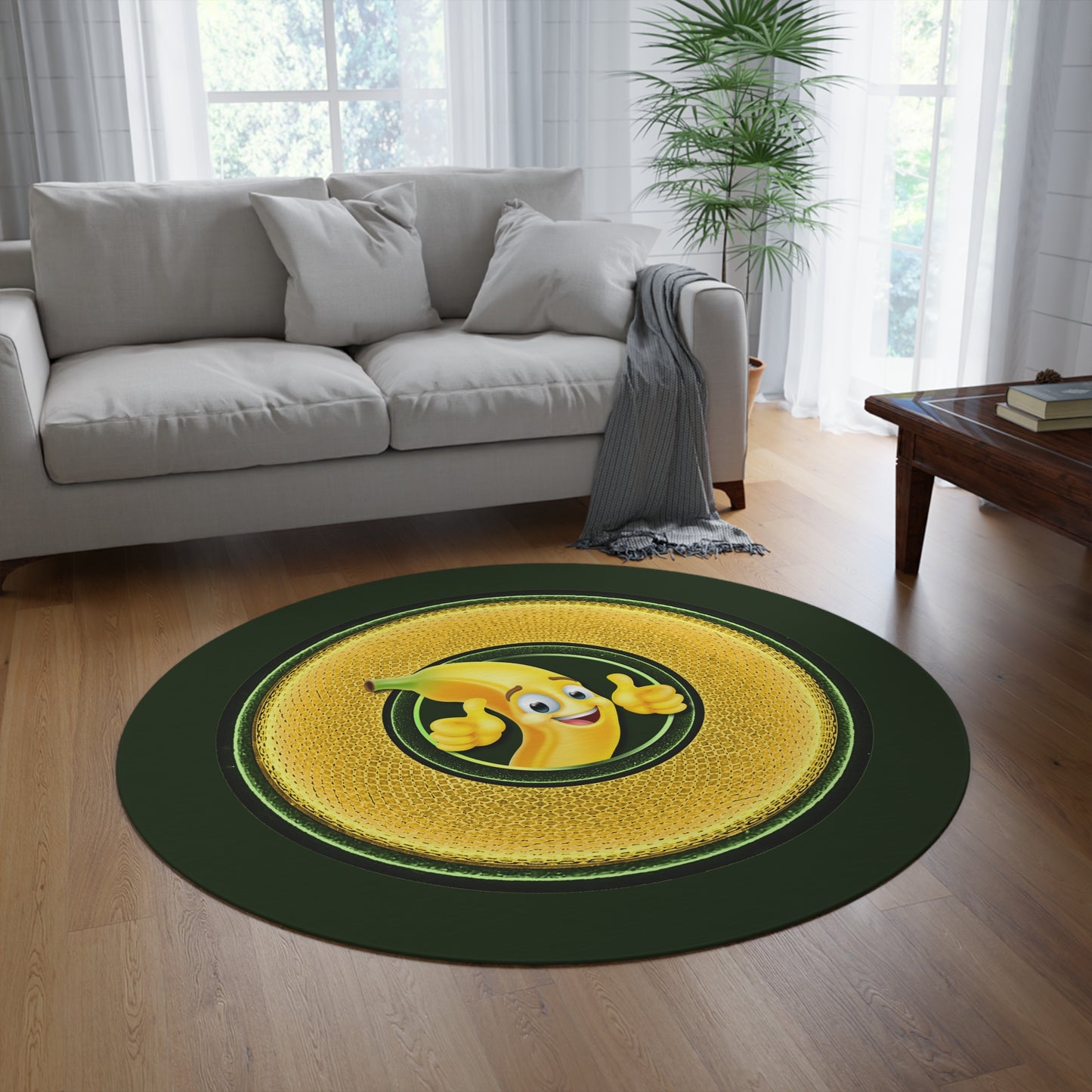 Round Room - 5 ft x 5 ft Lumpy Donut Rug - "Banana Bread Donut " - rustic golden donut w/deep forest green background - variant 2