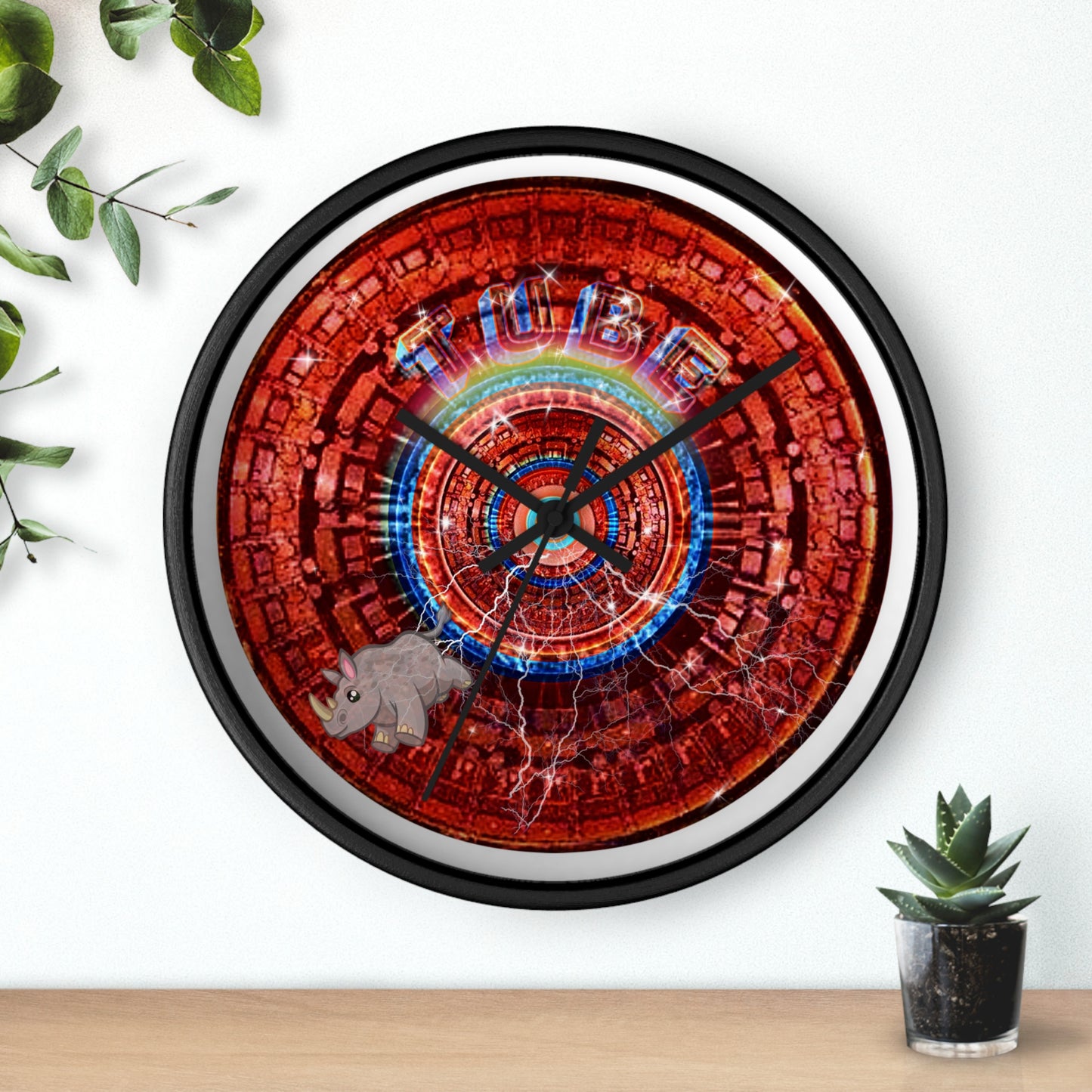Lumpy Wall Clock - "Rhinos Do Run From Thunder" - red tube donut w/white background