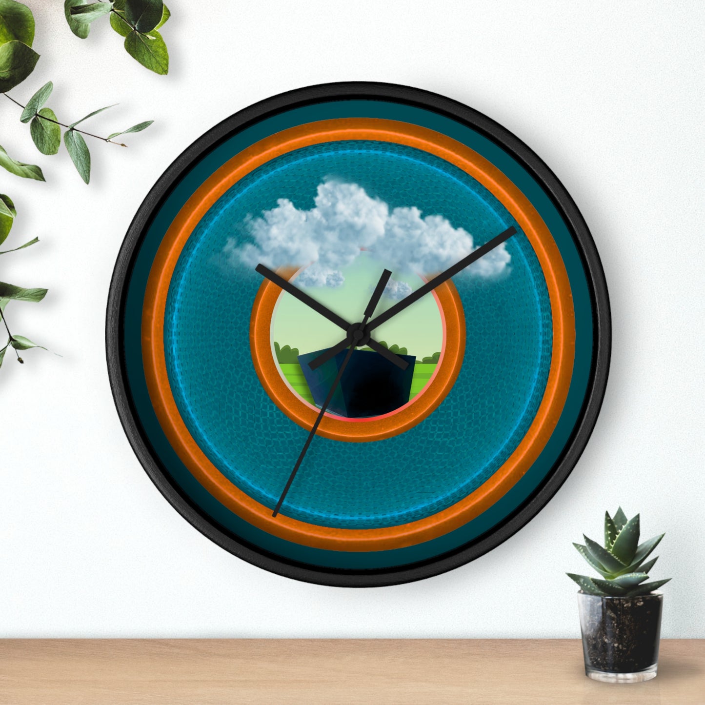 Lumpy Wall Clock - "Got Rhombus?" - variant 3 - aquamarine blue/orange rustic donut w/midnight green background