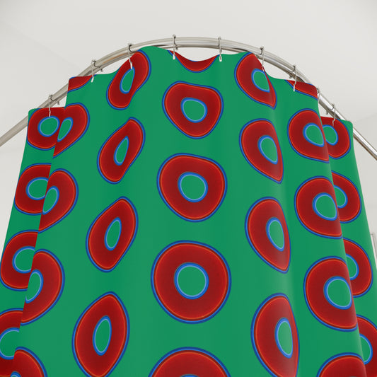 The Curtain With "Donuts" - Lumpy Bath Time Fun - vivid red donuts w/jade green background