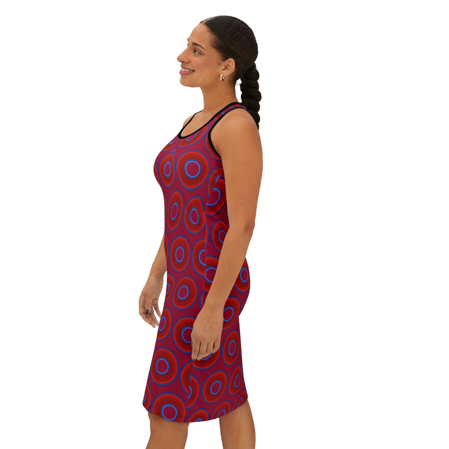 Tela's Lumpy Racerback Donut Dress - red vivid donut print w/dark magenta background