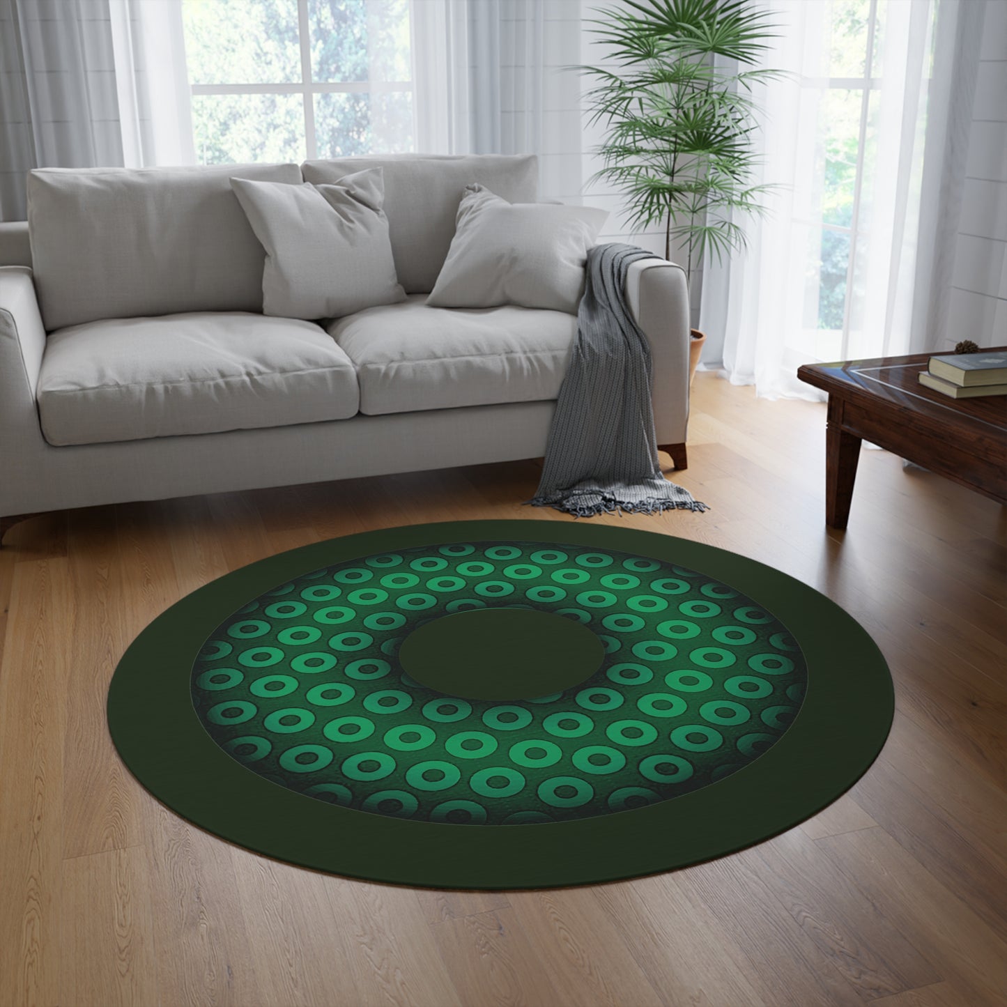 Round Room - 5 ft x 5 ft Lumpy Donut Rug - "Plain Paradox" - green/light green paradoxical donut w/hole & deep forest green background