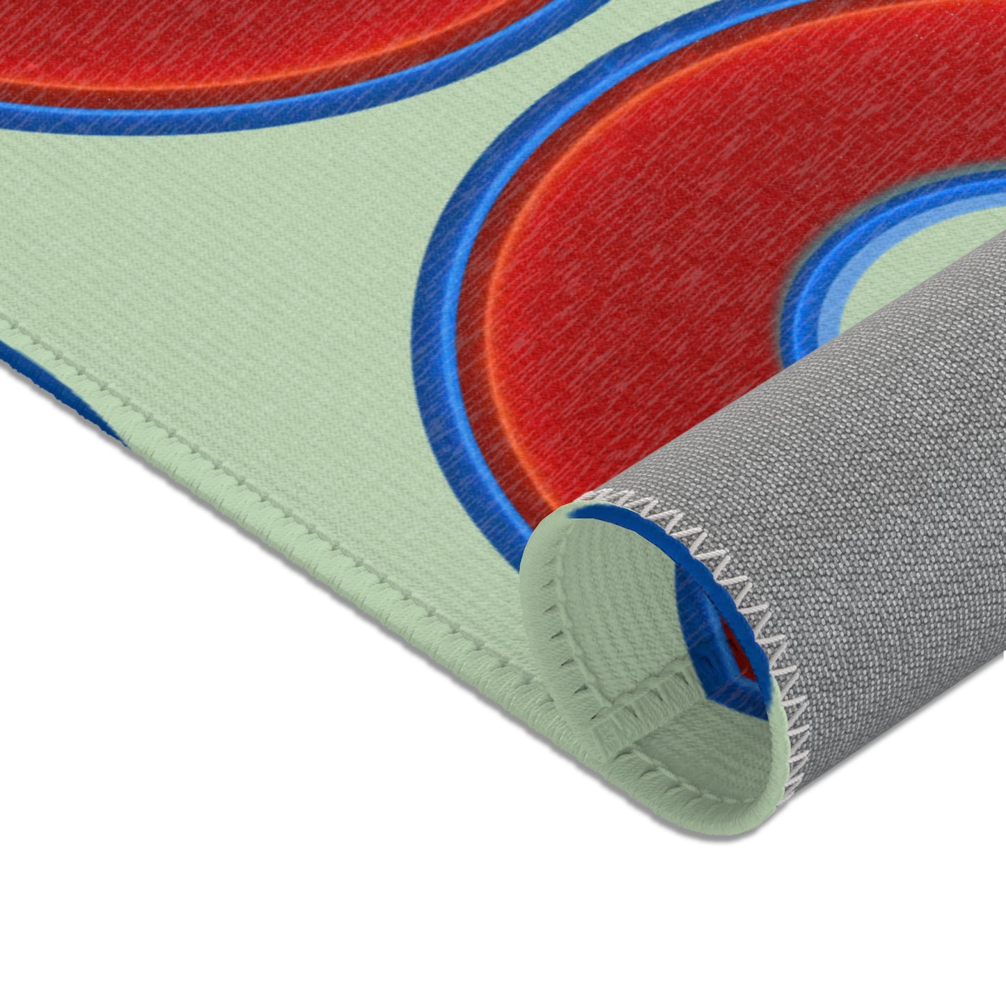 Lumpy Donut Print Rug - choice of 3 sizes - vivid red donut print w/seafoam background