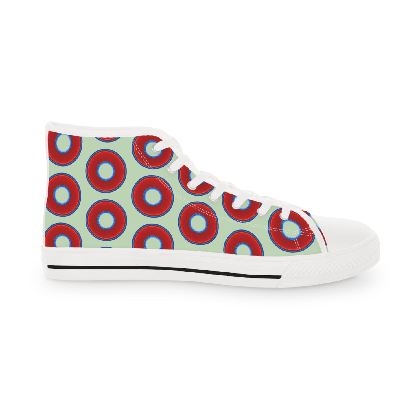Men's High Top Chucks - large vivid red donut print w/seamfoam background