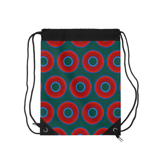 Lumpy Donut Drawstring Bag - red vivid donuts print w/dark grayish green background