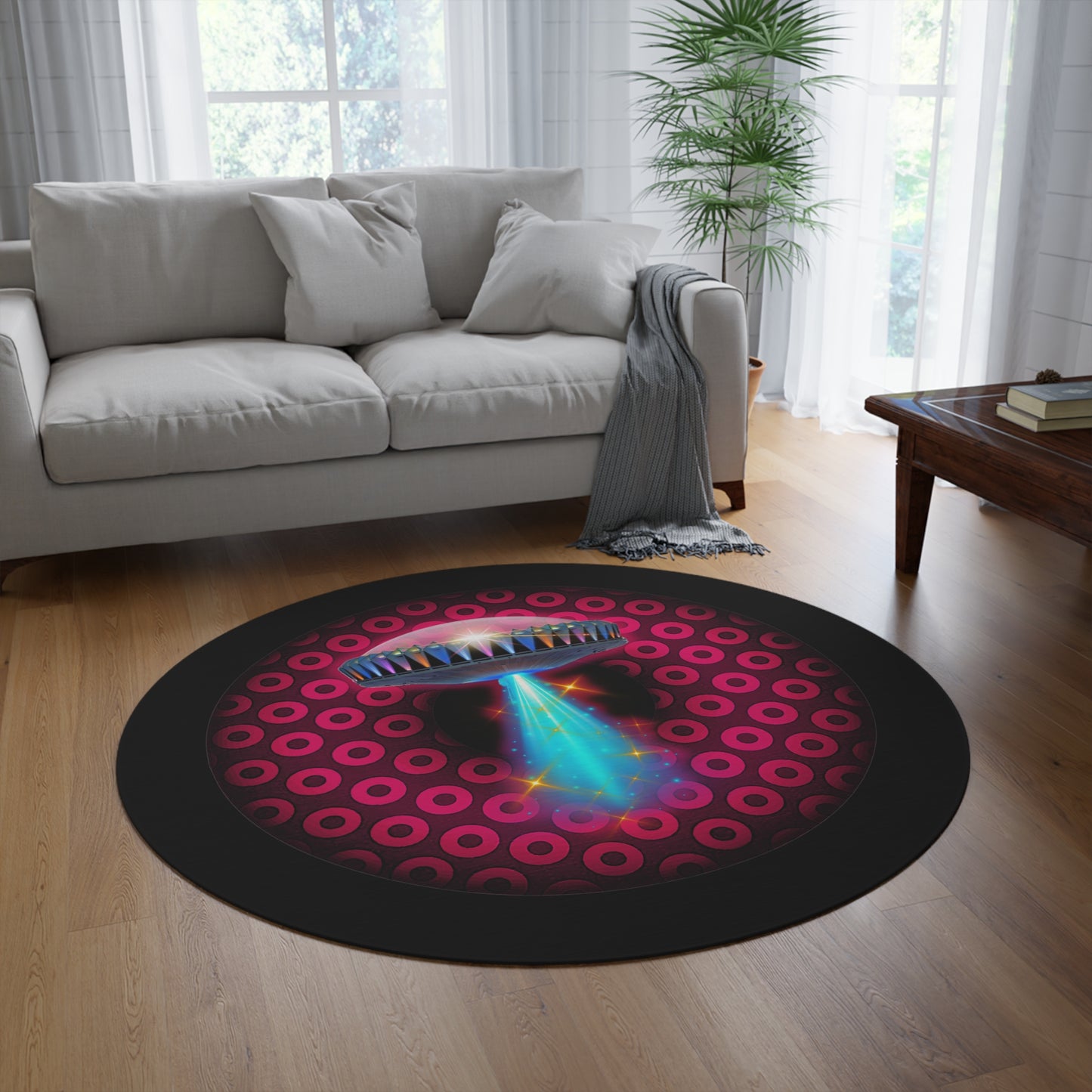 Round Room - 5 ft x 5 ft Lumpy Donut Rug - "They Have Donut Rugs On The Mothership Now" - paradoxical burgundy/red donut w/black background - variant 2