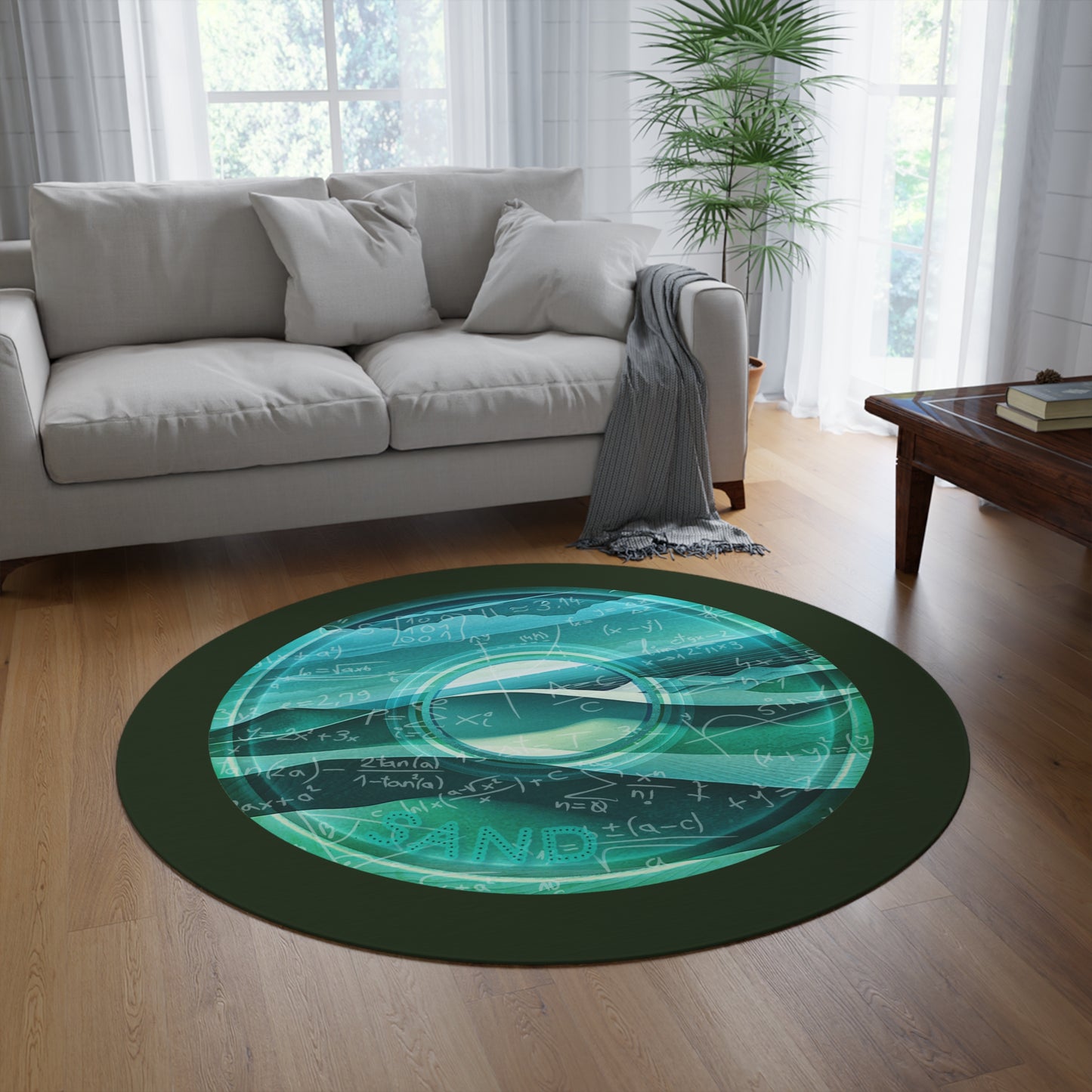 Round Room - 5 ft x 5 ft Lumpy Donut Rug - "The Equating Donut Rug" - teal green pic donut w/deep forest green background