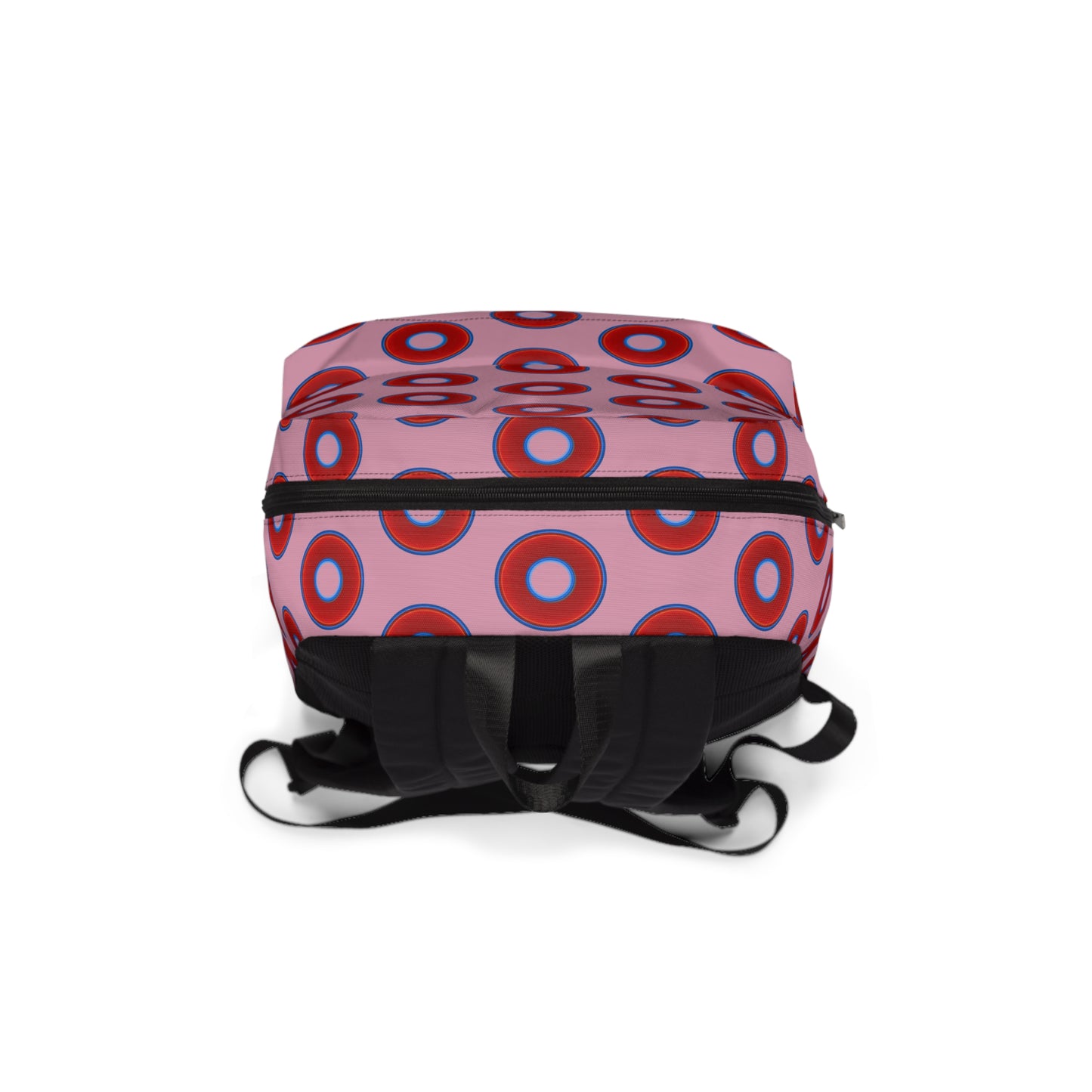 Donut Backpack - red vivid donuts w/pale magenta background