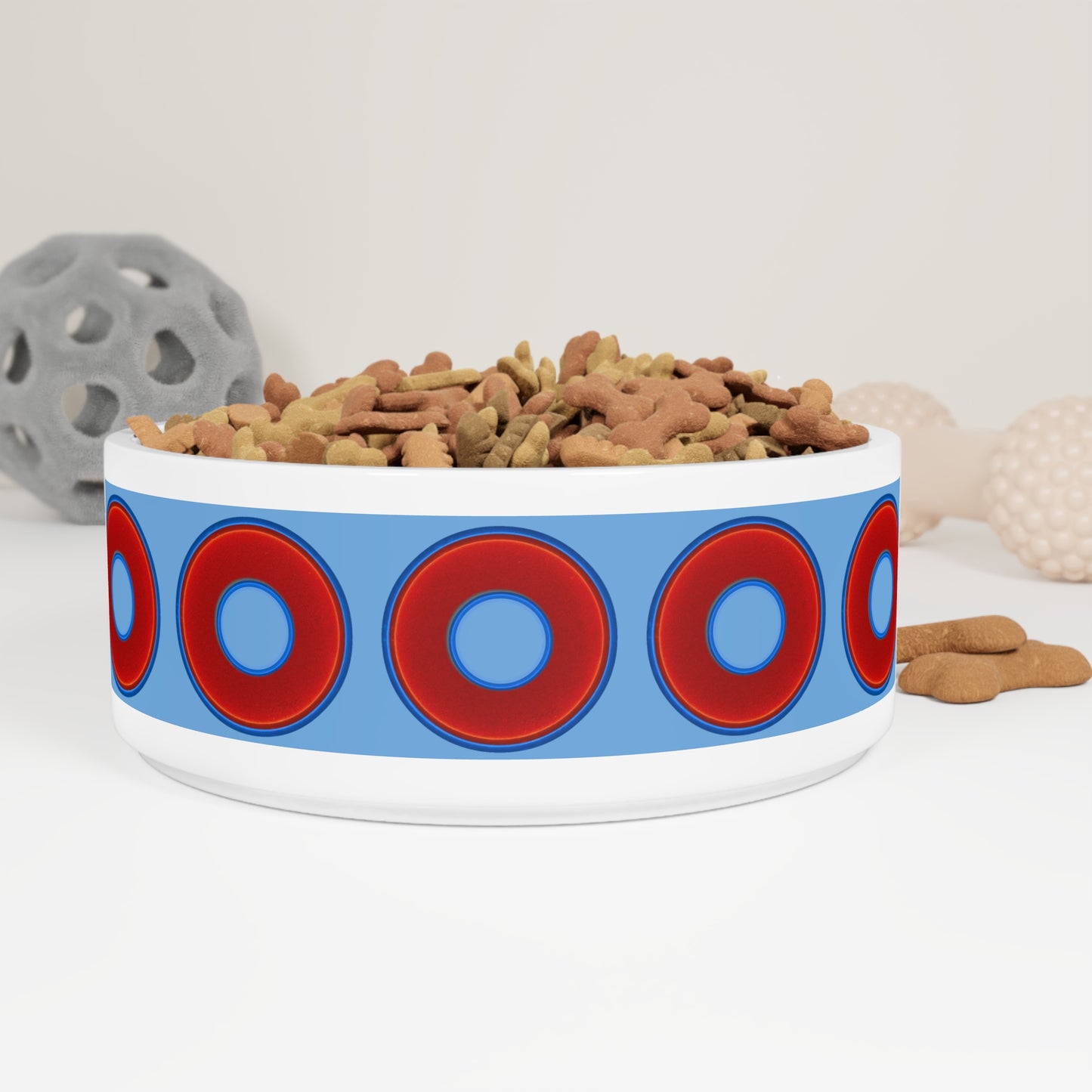 16 oz Lumpy Pet Bowl - vivid red donuts w/light blue background