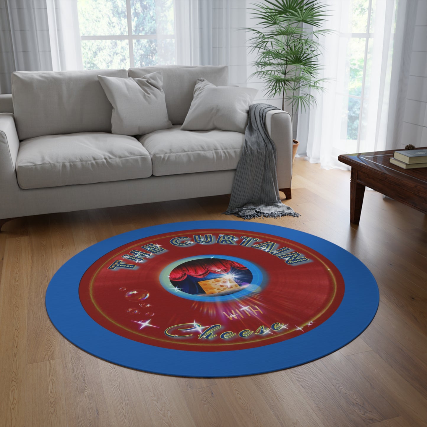 Round Room - 5 ft x 5 ft Lumpy Donut Rug - "The Official Donut Rug w/" - vivid red donut w/dark royal blue background - variant 2