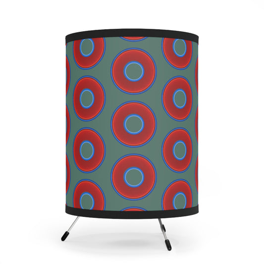 Lumpy Tripod Donut Lamp - vivid red donuts w/Fenway green background