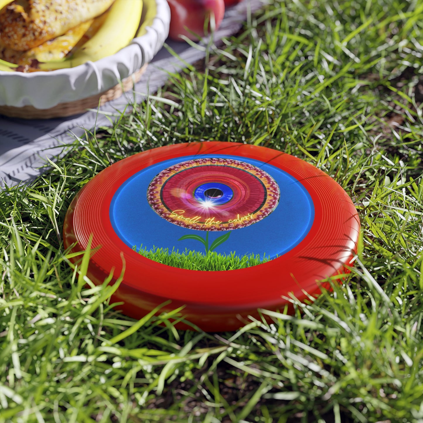 Lumpy Wham-O Donut Frisbee - "Smell the Colorful Donut Phrisbee" - red/royal blue