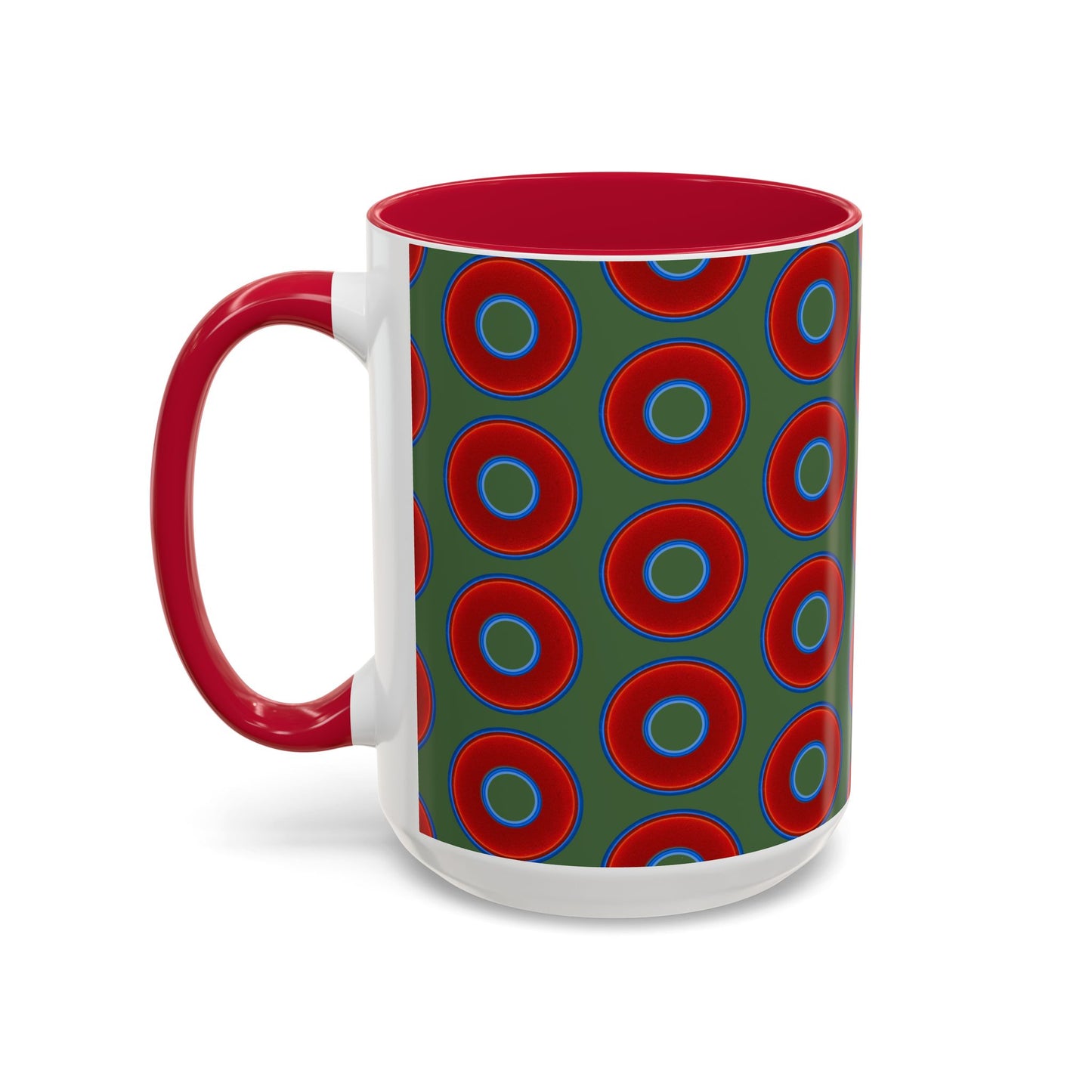Lump's Grumpy Coffee Mug - vivid red donuts w/dark green background
