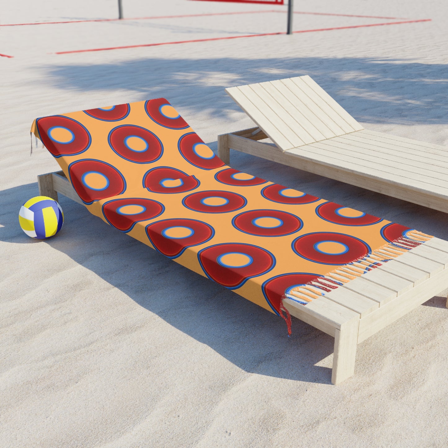 Oversized Lumpy Beach Towel - vivid red donuts w/creamsicle orange background
