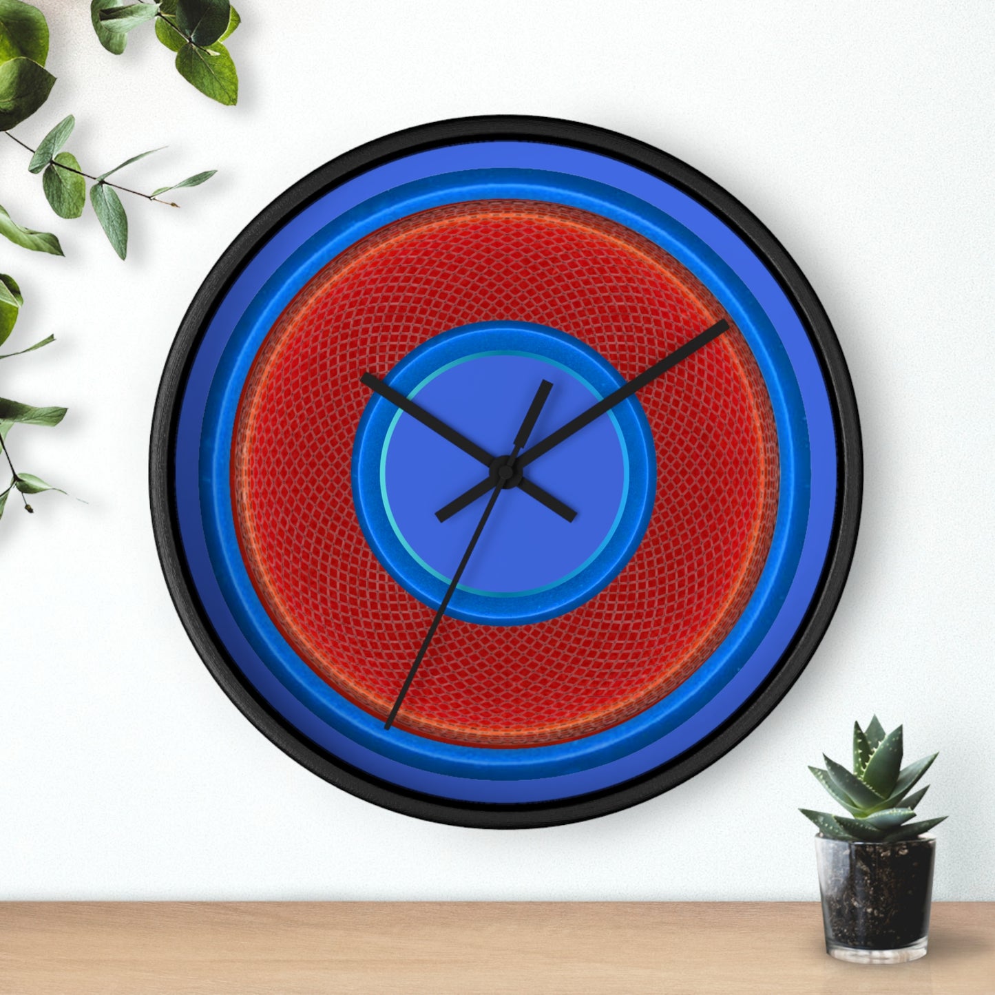Lumpy Wall Clock - red rustic donut w/light blue edging - variant 4 w/royal blue background