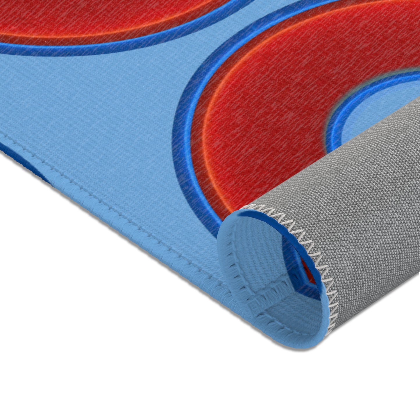 Lumpy Donut Print Rug - choice of 3 sizes - vivid red donut print w/light blue background