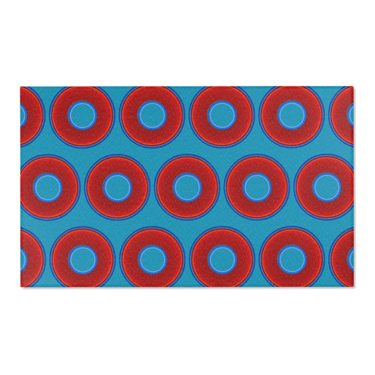 Lumpy Donut Print Rug - choice of 3 sizes - vivid red donut print w/aquamarine blue background