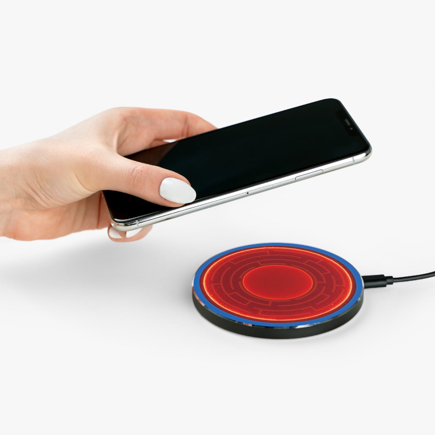 The Flow - Wireless Lumpy Donut Chargers - "The Amazing Wireless Donut Charger" - vivid red donut w/dark royal blue background - variant 2