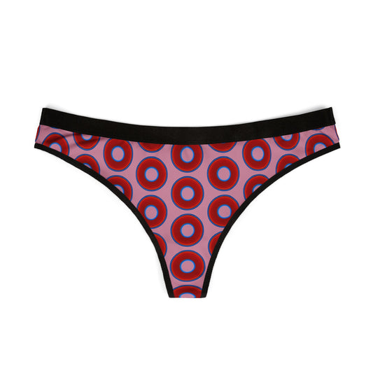 Lumpy Donut Thongs - red vivid donut print w/pale magenta background