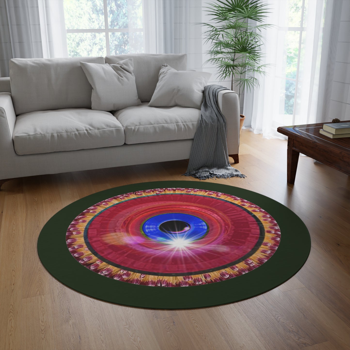 Round Room - 5 ft x 5 ft Lumpy Donut Rug - "Solitary Flour Donut Rug" - vivid flour donut w/deep forest green background - variant 1