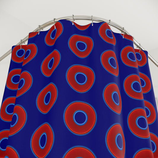 The Curtain With "Donuts" - Lumpy Bath Time Fun - vivid red donuts w/navy background